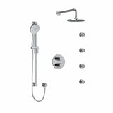 Type T/P (thermostatic/pressure balance) double coaxial system with hand shower rail, 4 body jets and shower head