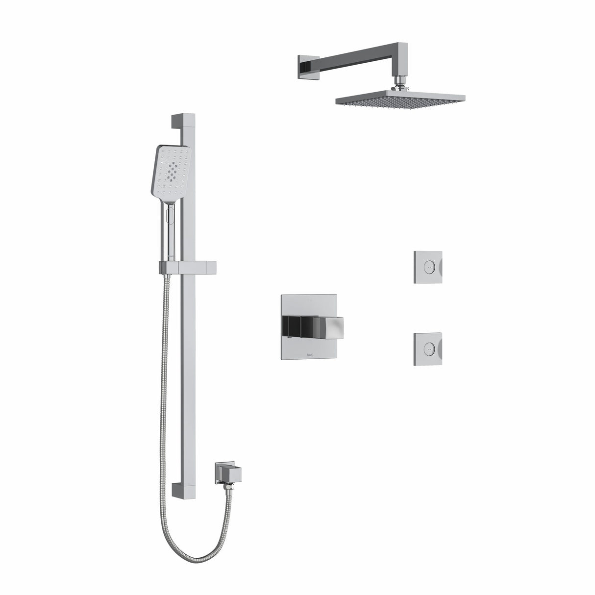 Type T/P (thermostatic/pressure balance) " coaxial 3-way system, hand shower rail, elbow supply, shower head and 2 body jets