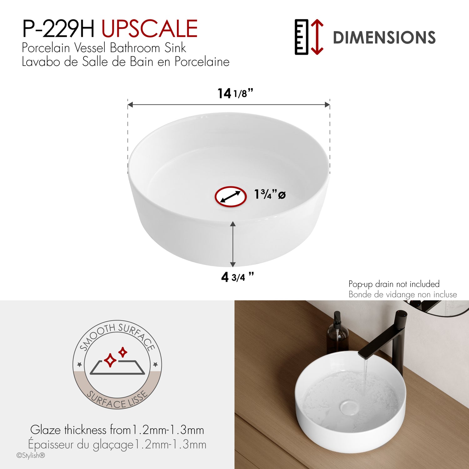 14.12" W Porcelain Round Vessel Sink