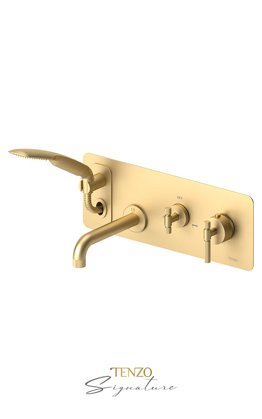 Wall mount tub faucet with retractable hose Bellacio-F brushed gold