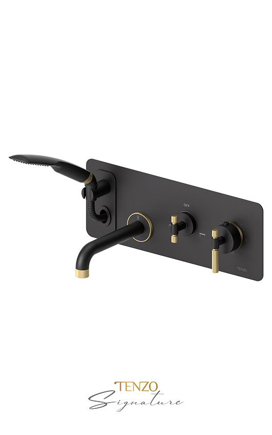 Wall mount tub faucet with retractable hose Bellacio-F brushed gold