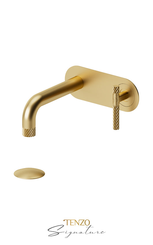 Wall mount lavatory faucet with (overflow) drain Bellacio-C brushed gold