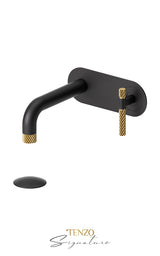 Wall mount lavatory faucet with (overflow) drain Bellacio-C brushed gold