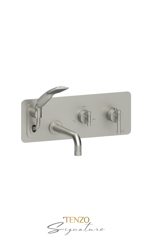 Wall mount tub faucet with retractable hose Bellacio-C brushed gold