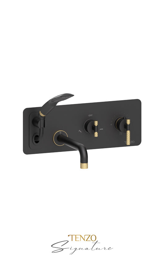 Wall mount tub faucet with retractable hose Bellacio-C brushed gold