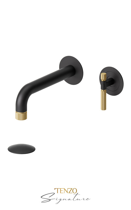 Wall mount lavatory faucet with (overflow) drain Bellacio-F brushed gold