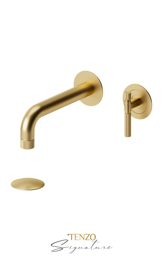 Wall mount lavatory faucet with (overflow) drain Bellacio-F brushed gold