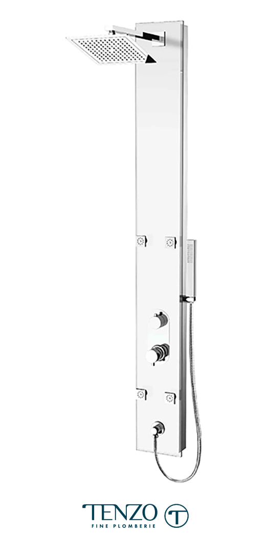Evolo tempered glass shower column — 4 jets, pressure balanced / diverter