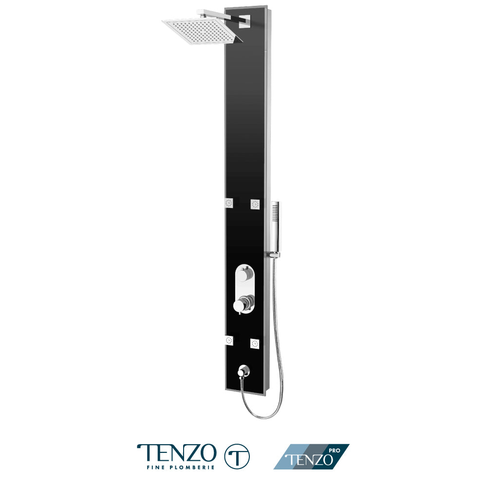 Evolo tempered glass shower column — 4 jets, pressure balanced / diverter