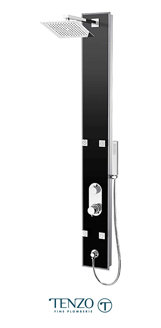 Evolo tempered glass shower column — 4 jets, pressure balanced / diverter