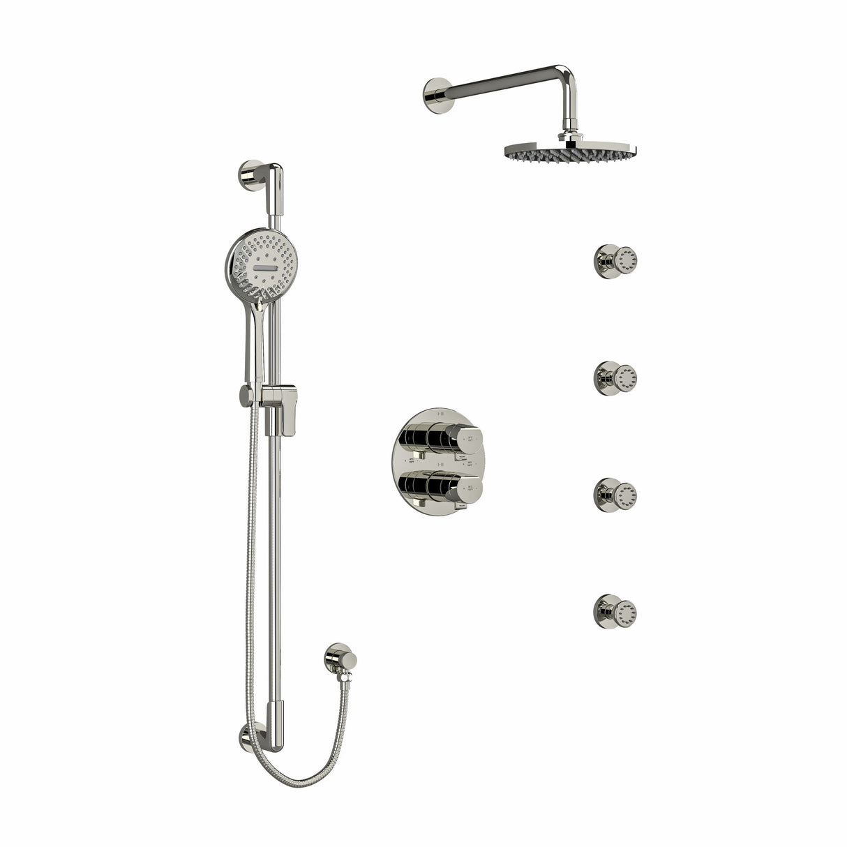 Type T/P (thermostatic/pressure balance) double coaxial system with hand shower rail, 4 body jets and shower head
