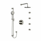 Type T/P (thermostatic/pressure balance) double coaxial system with hand shower rail, 4 body jets and shower head
