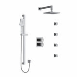 Type T/P (thermostatic/pressure balance) double coaxial system with hand shower rail, 4 body jets and shower head