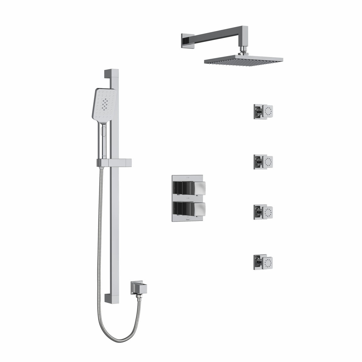 Type T/P (thermostatic/pressure balance) double coaxial system with hand shower rail, 4 body jets and shower head