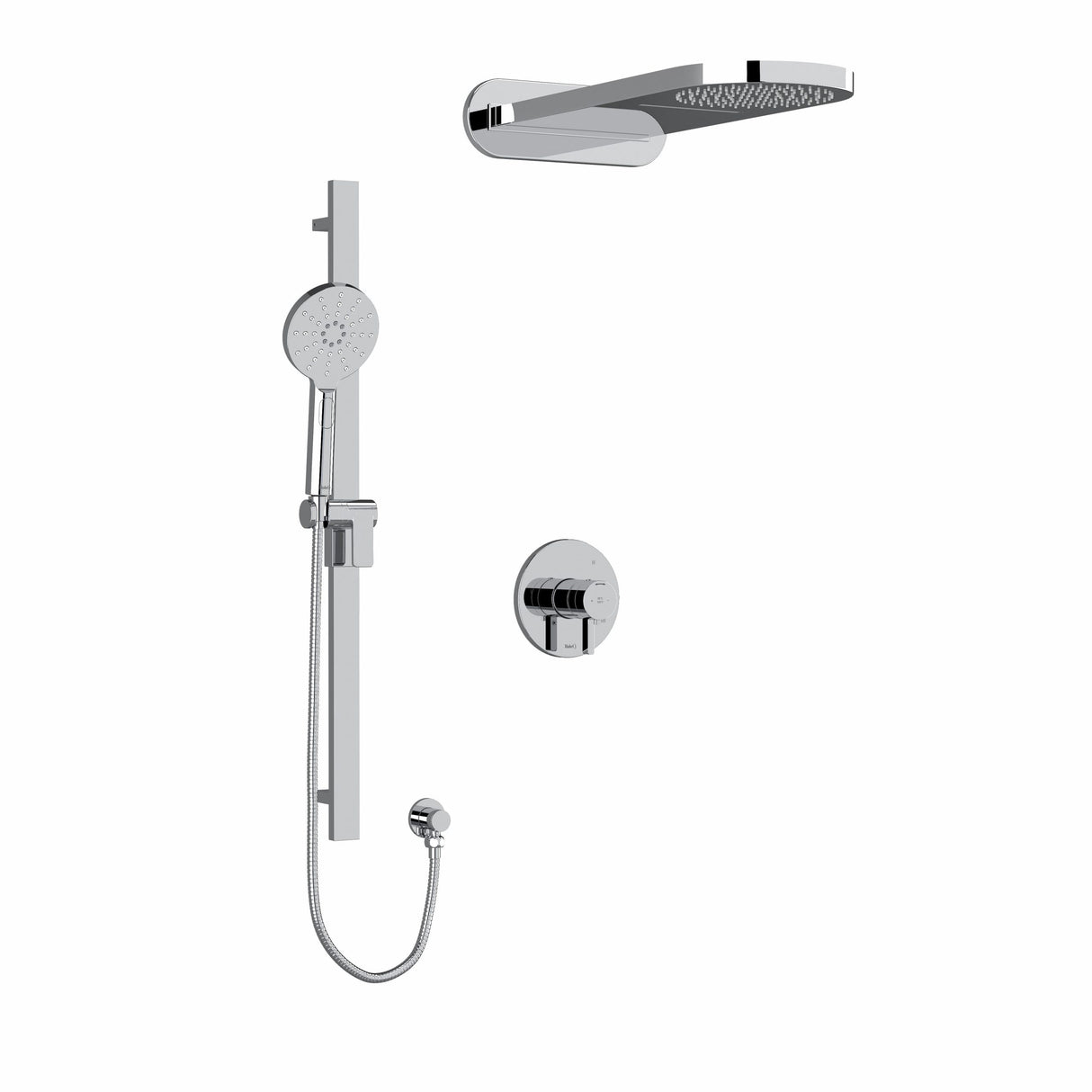 Type T/P (thermostatic/pressure balance) " coaxial 3-way system with hand shower rail and rain and cascade shower head