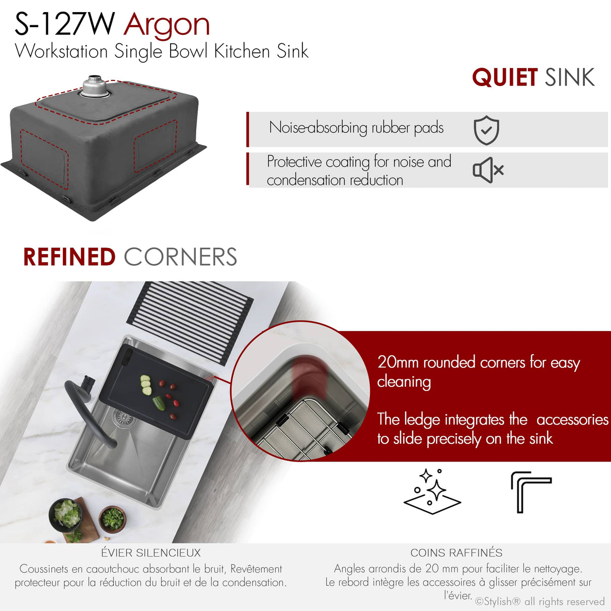 STYLISH 27 inch Workstation Single Bowl Undermount and Drop-in 16 Gauge Stainless Steel Kitchen Sink with Built in Accessories