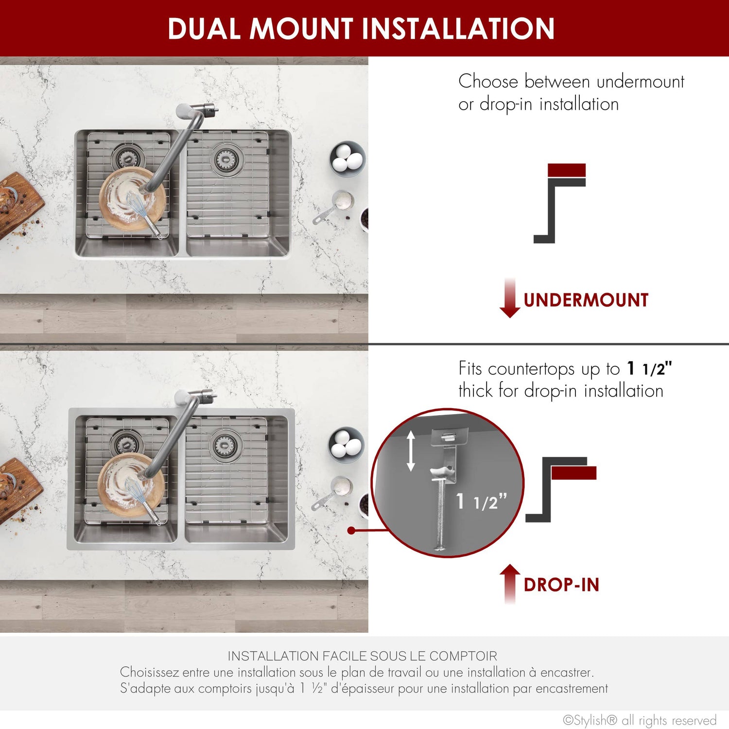 STYLISH 31 inch Double Bowl Undermount Stainless Steel Kitchen Sink
