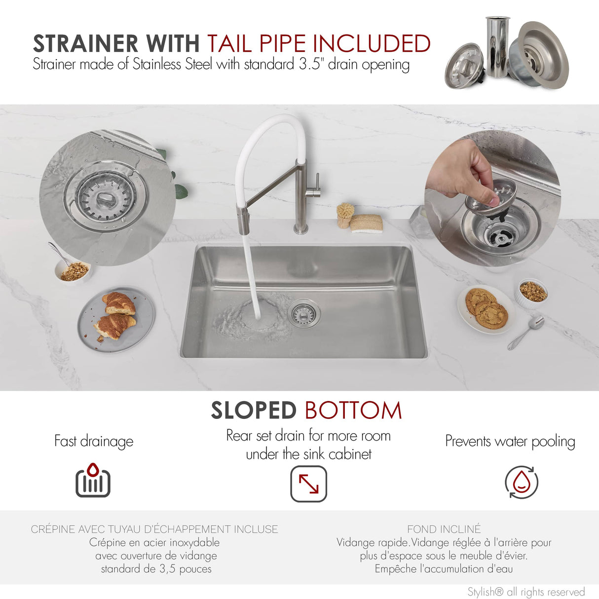 STYLISH 30 inch Single Bowl Undermount and Drop-in Stainless Steel Kitchen Sink