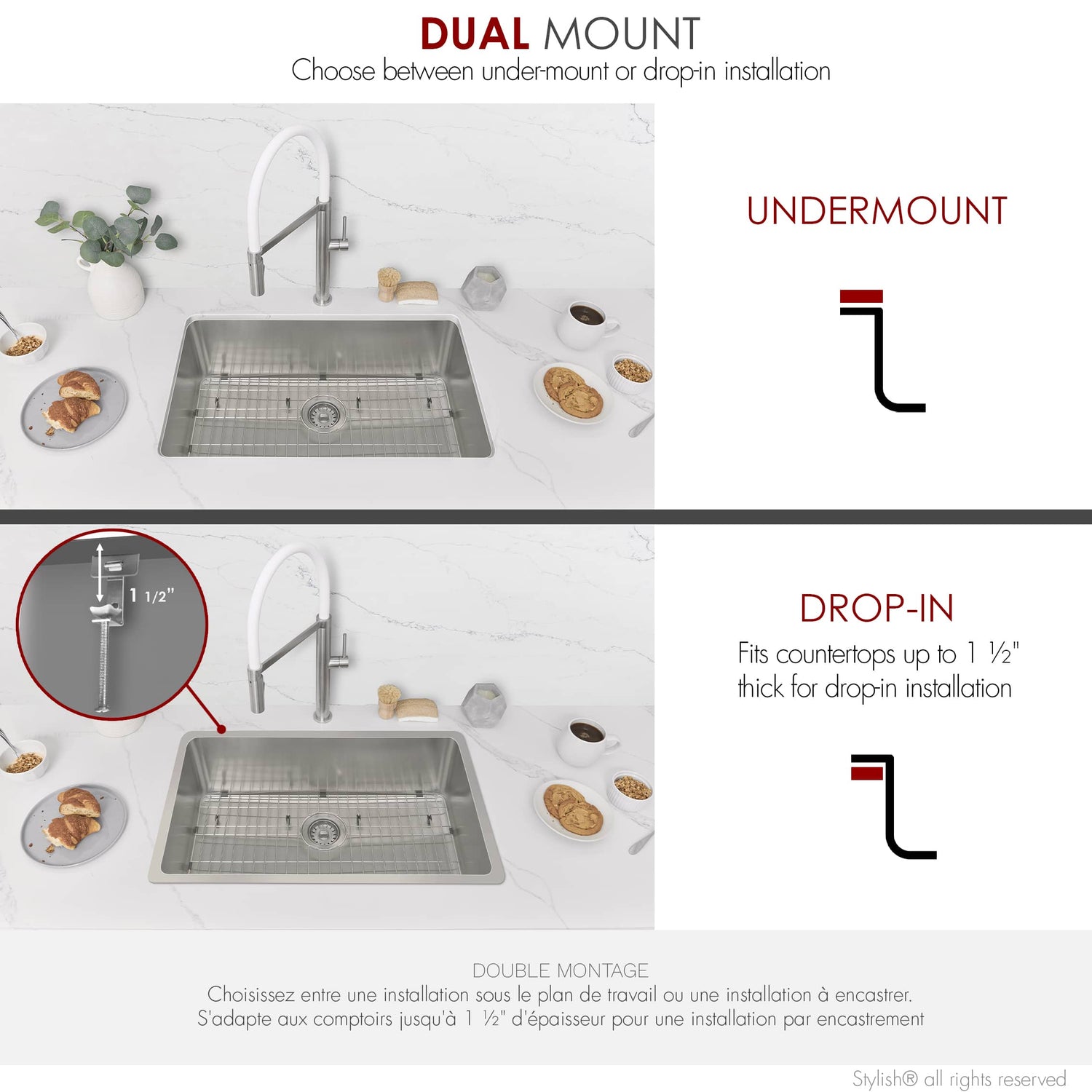STYLISH 30 inch Single Bowl Undermount and Drop-in Stainless Steel Kitchen Sink