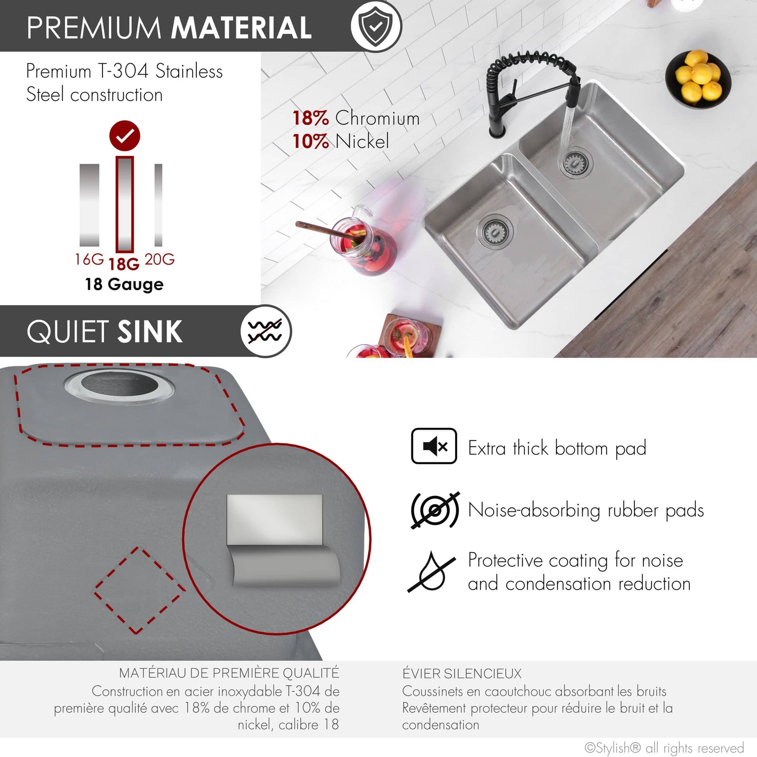 STYLISH 29 inch Double Bowl Undermount and Drop-in Stainless Steel Kitchen Sink