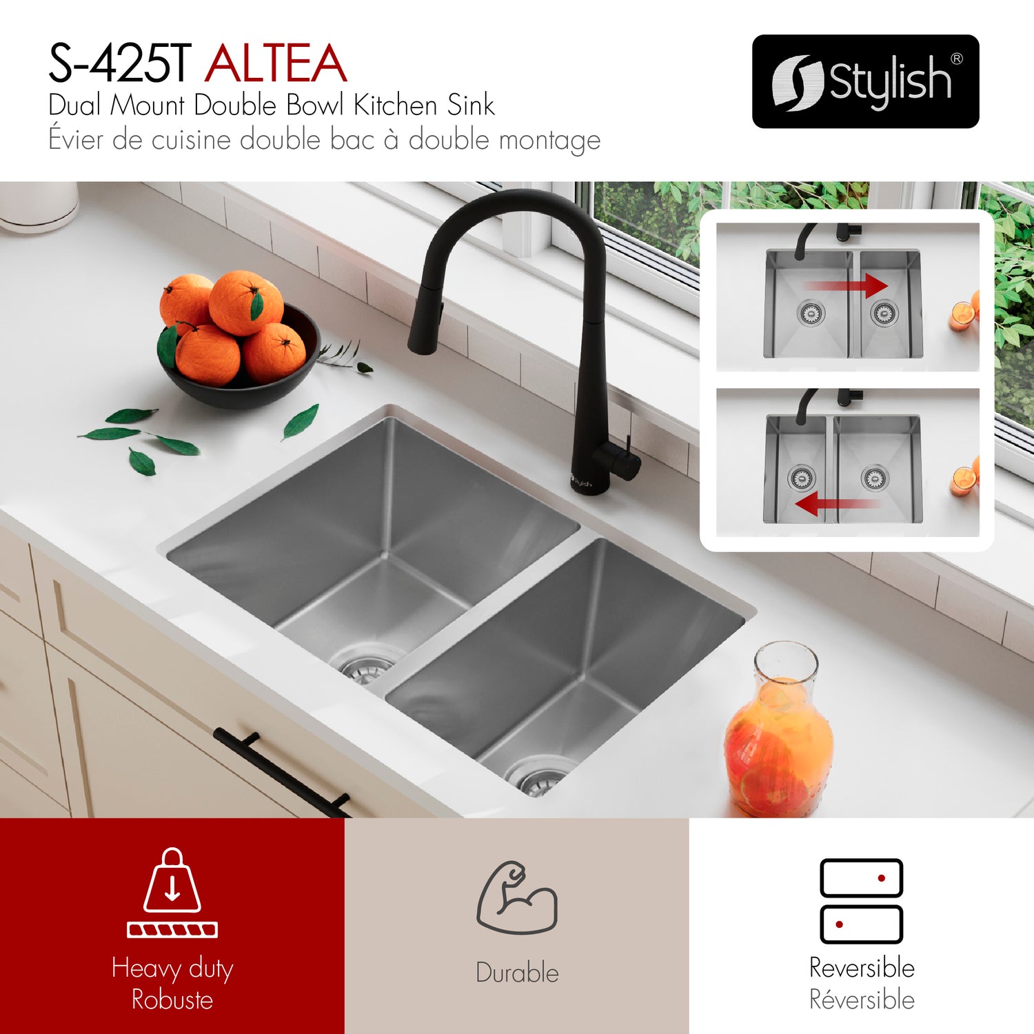 Dual Mount 25 inch 60/40 Double Bowl Kitchen Sink