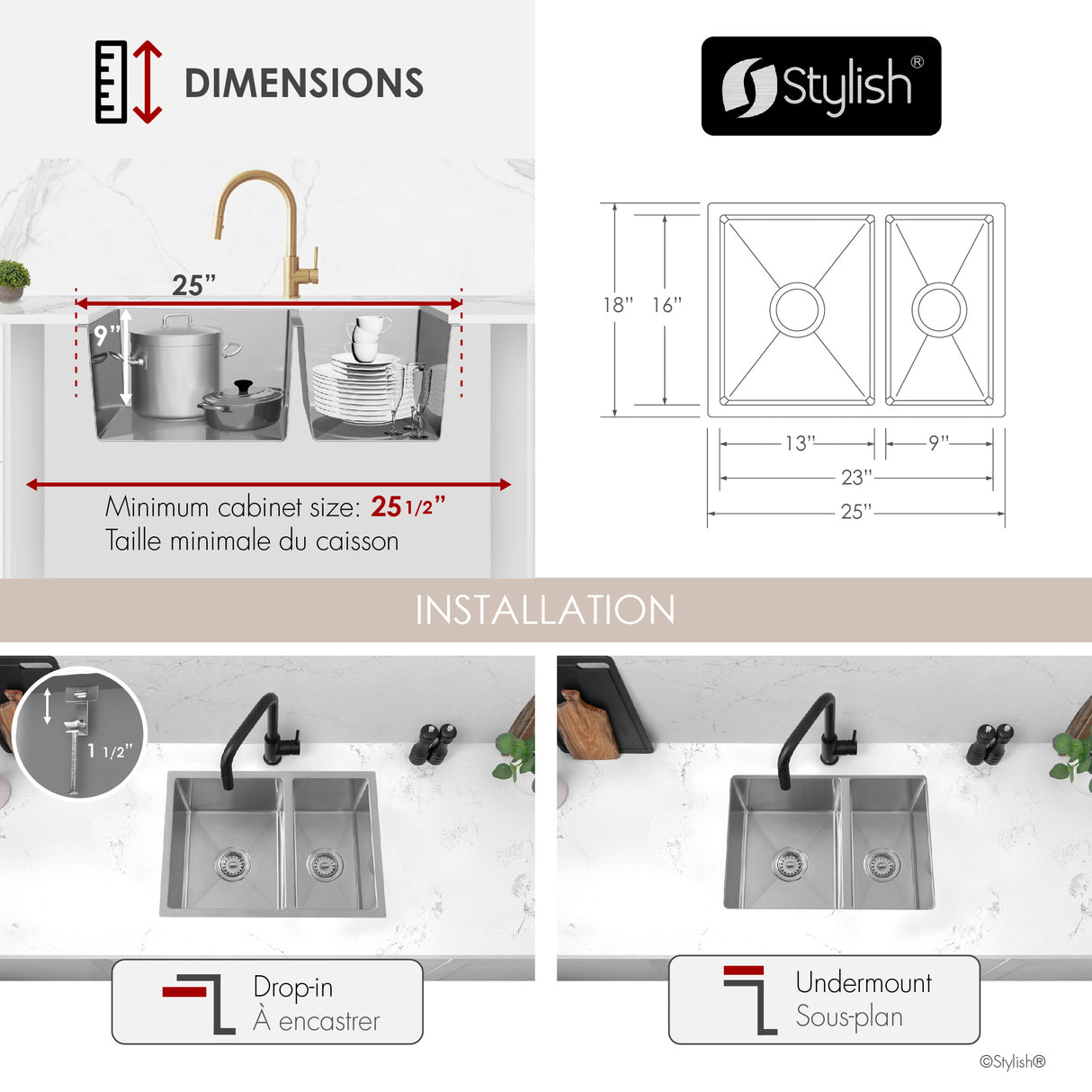 Dual Mount 25 inch 60/40 Double Bowl Kitchen Sink