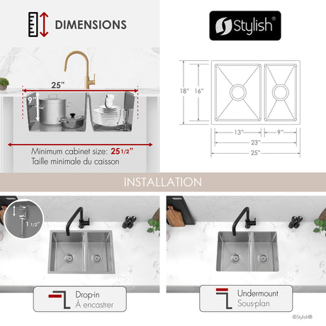 Dual Mount 25 inch 60/40 Double Bowl Kitchen Sink