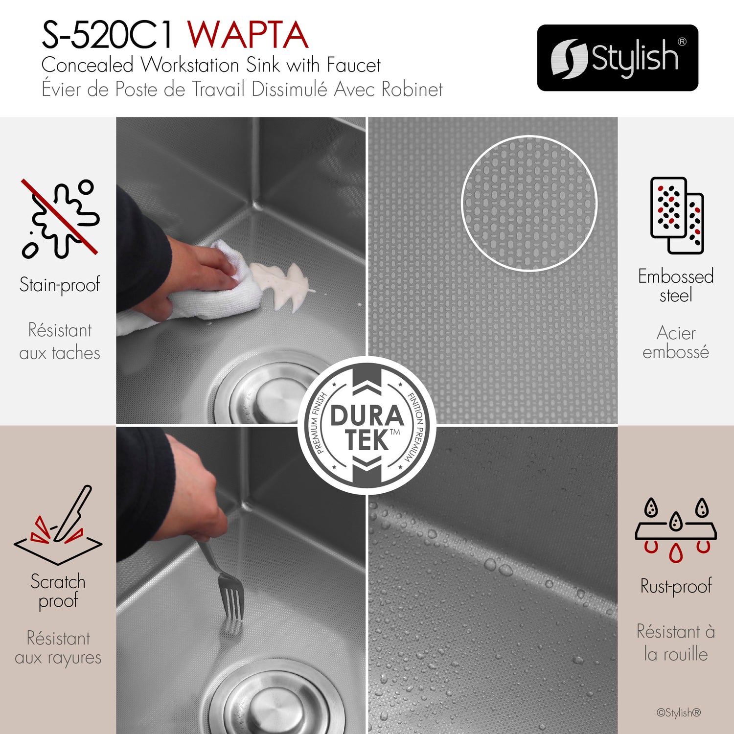 Concealed Dual Mount 20 inch Utility Sink, 1-Hole Prep Sink Dura-Tek Finish with Faucet.