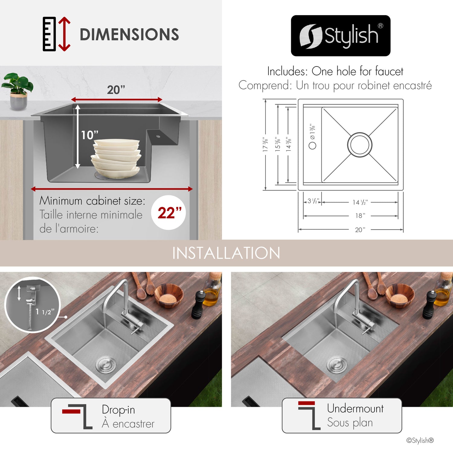 Concealed Dual Mount 20 inch Utility Sink, 1-Hole Prep Sink Dura-Tek Finish with Faucet.