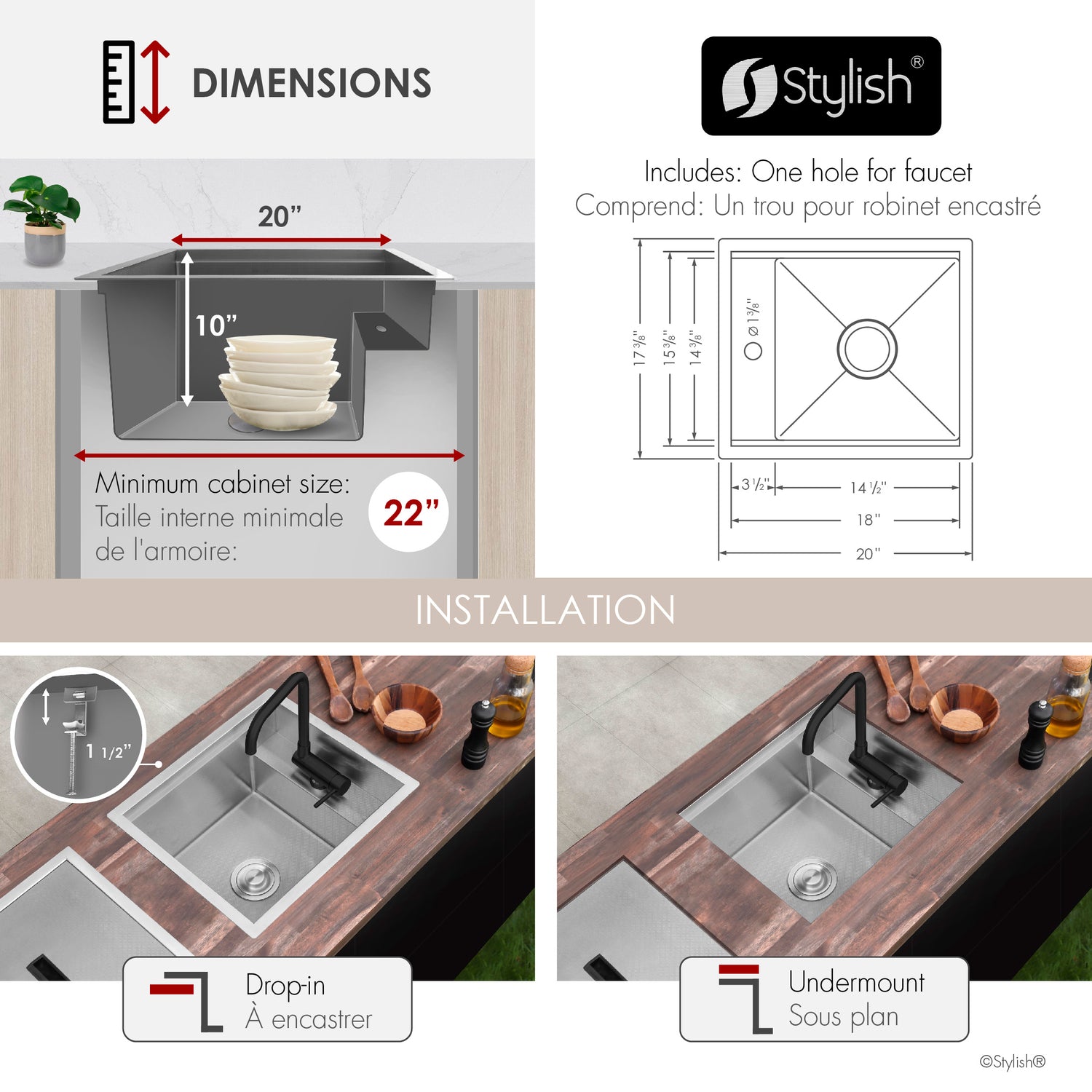 Concealed Dual Mount 20 inch Utility Sink, 1-Hole Prep Sink Dura-Tek Finish with Faucet