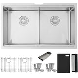 Undermount 32 inch Double Bowl Workstation Sink with Accesories