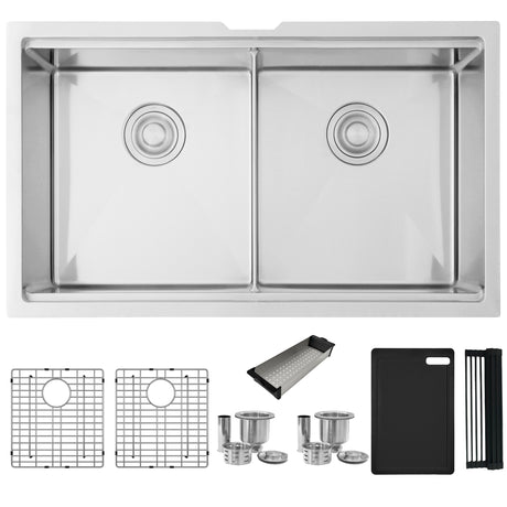 Undermount 32 inch Double Bowl Workstation Sink with Accesories