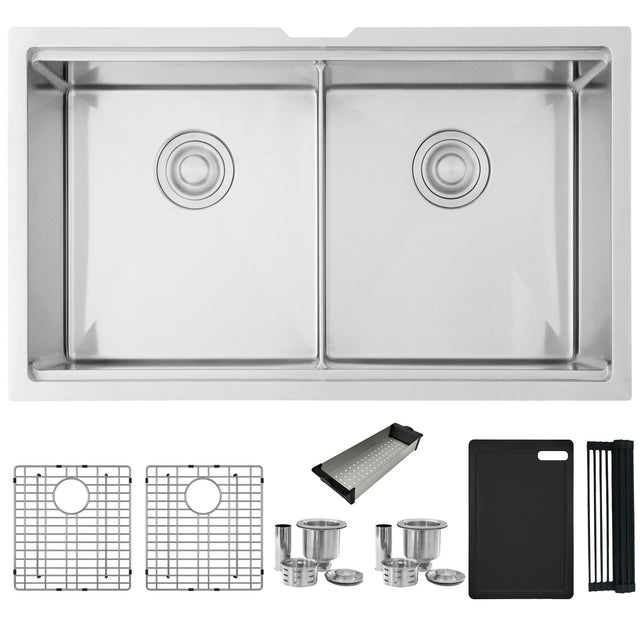 Undermount 32 inch Double Bowl Workstation Sink with Accesories