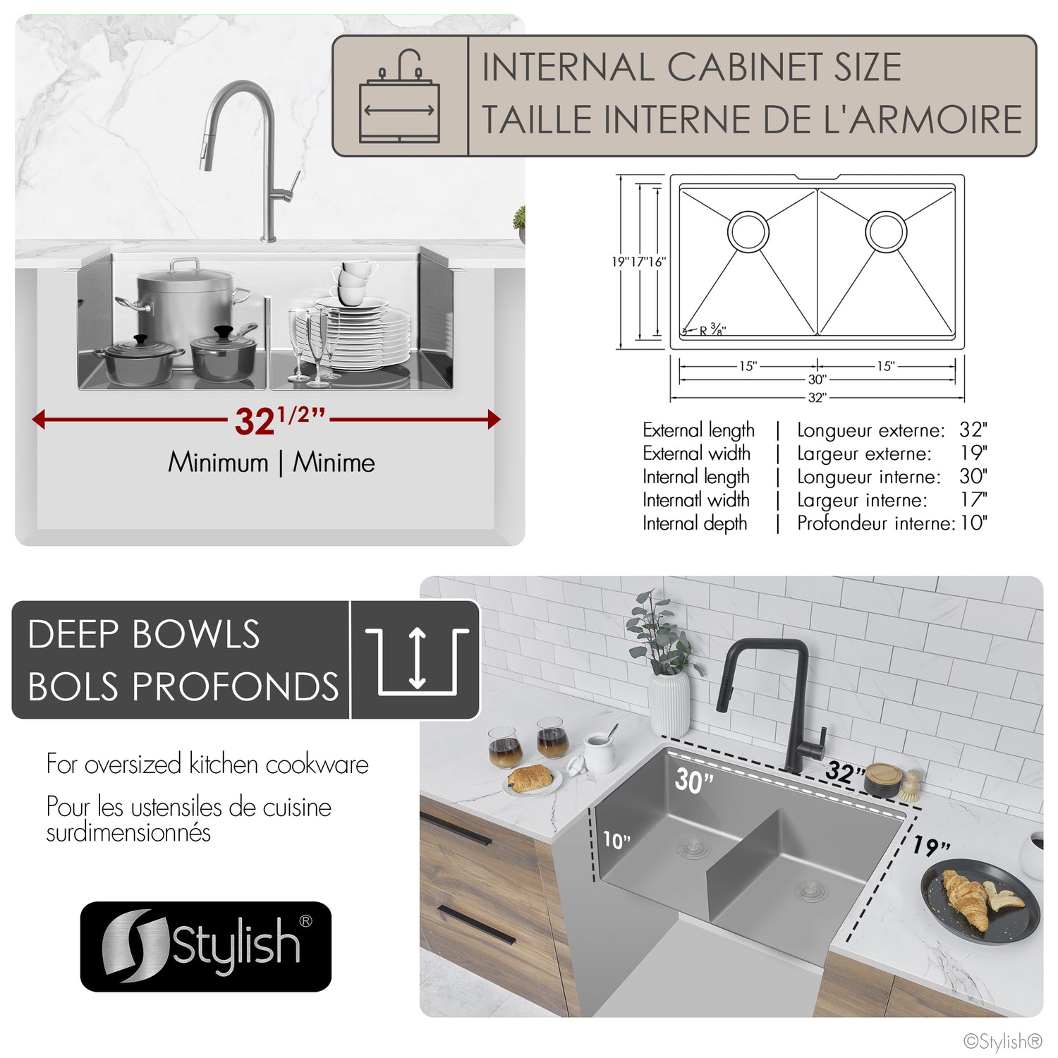Undermount 32 inch Double Bowl Workstation Sink with Accesories