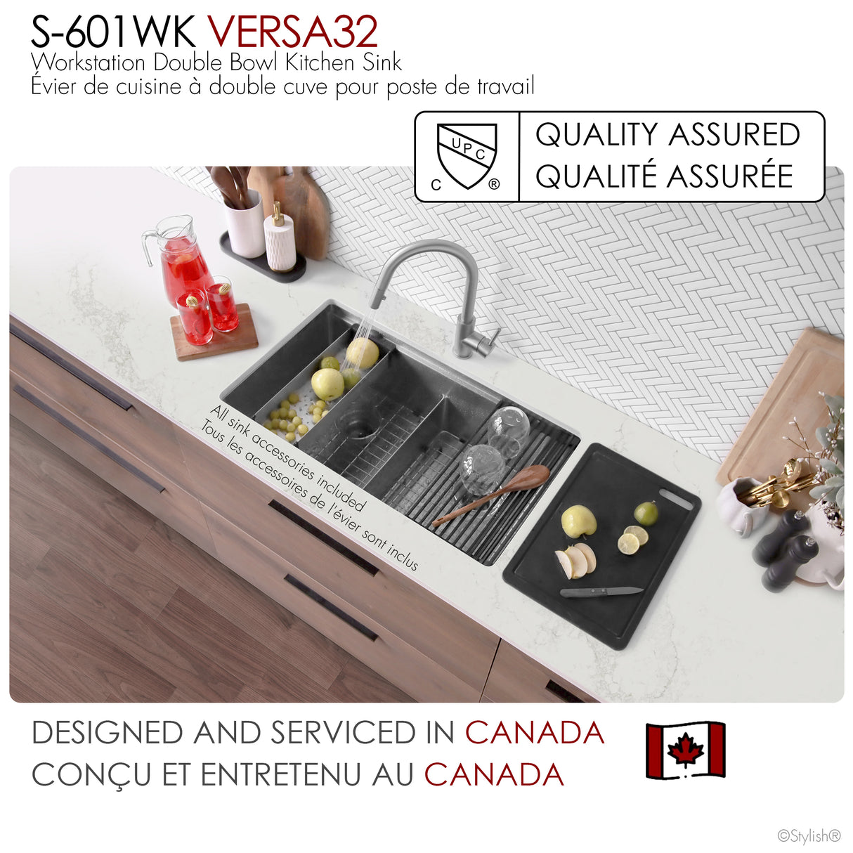 Undermount 32 inch Double Bowl Workstation Sink with Accesories