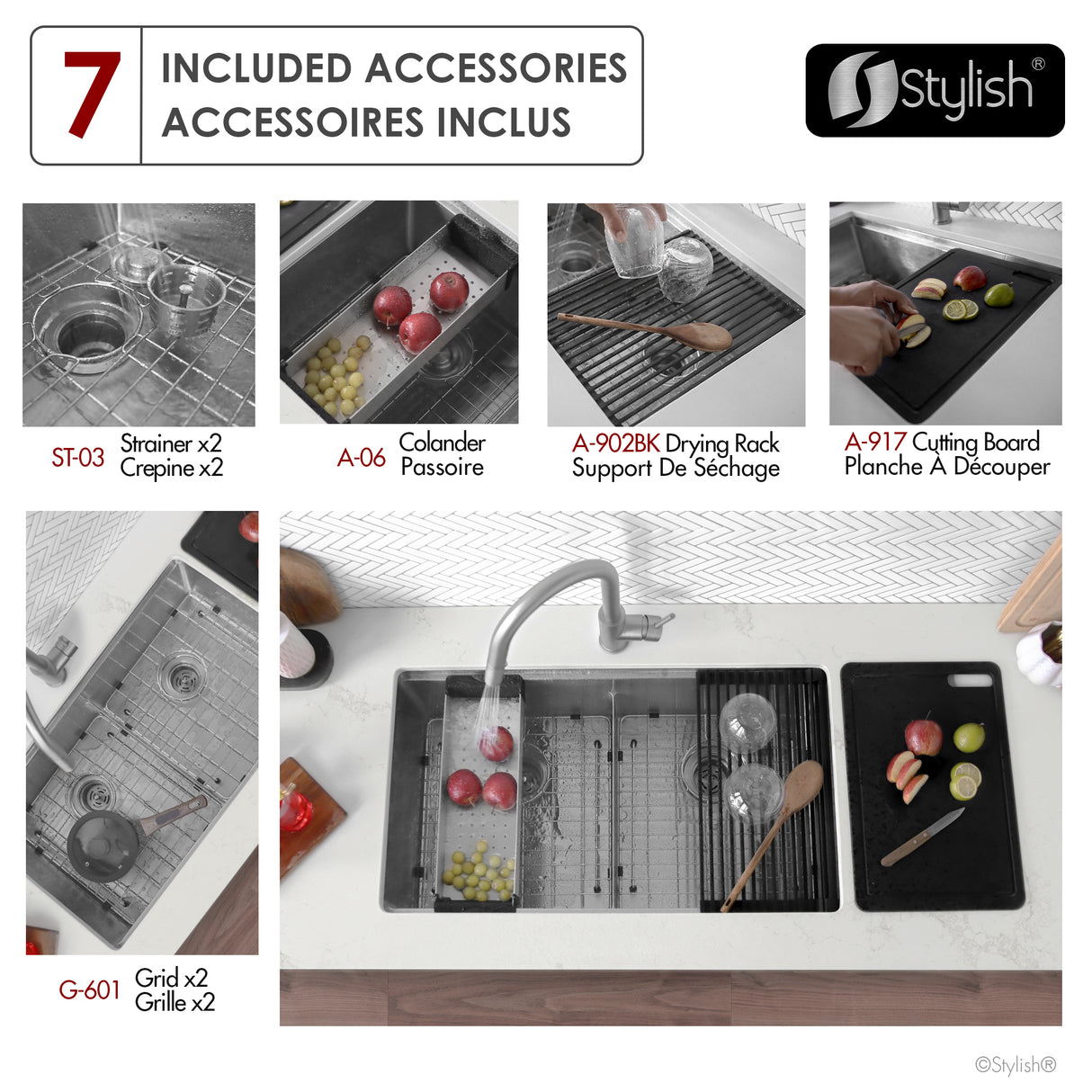 Undermount 32 inch Double Bowl Workstation Sink with Accesories