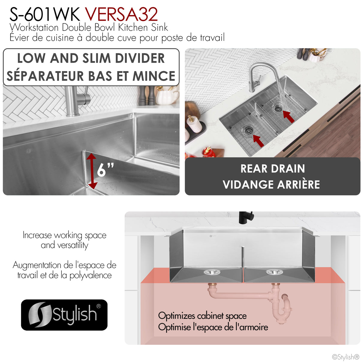 Undermount 32 inch Double Bowl Workstation Sink with Accesories