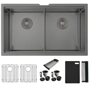 Undermount 32 inch Double Bowl Workstation Sink with Accesories