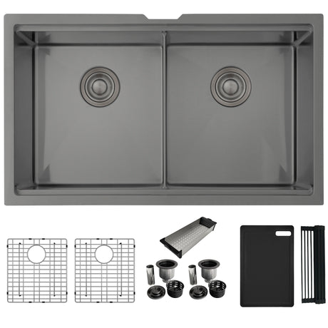 Undermount 32 inch Double Bowl Workstation Sink with Accesories