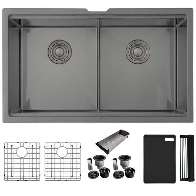 Undermount 32 inch Double Bowl Workstation Sink with Accesories