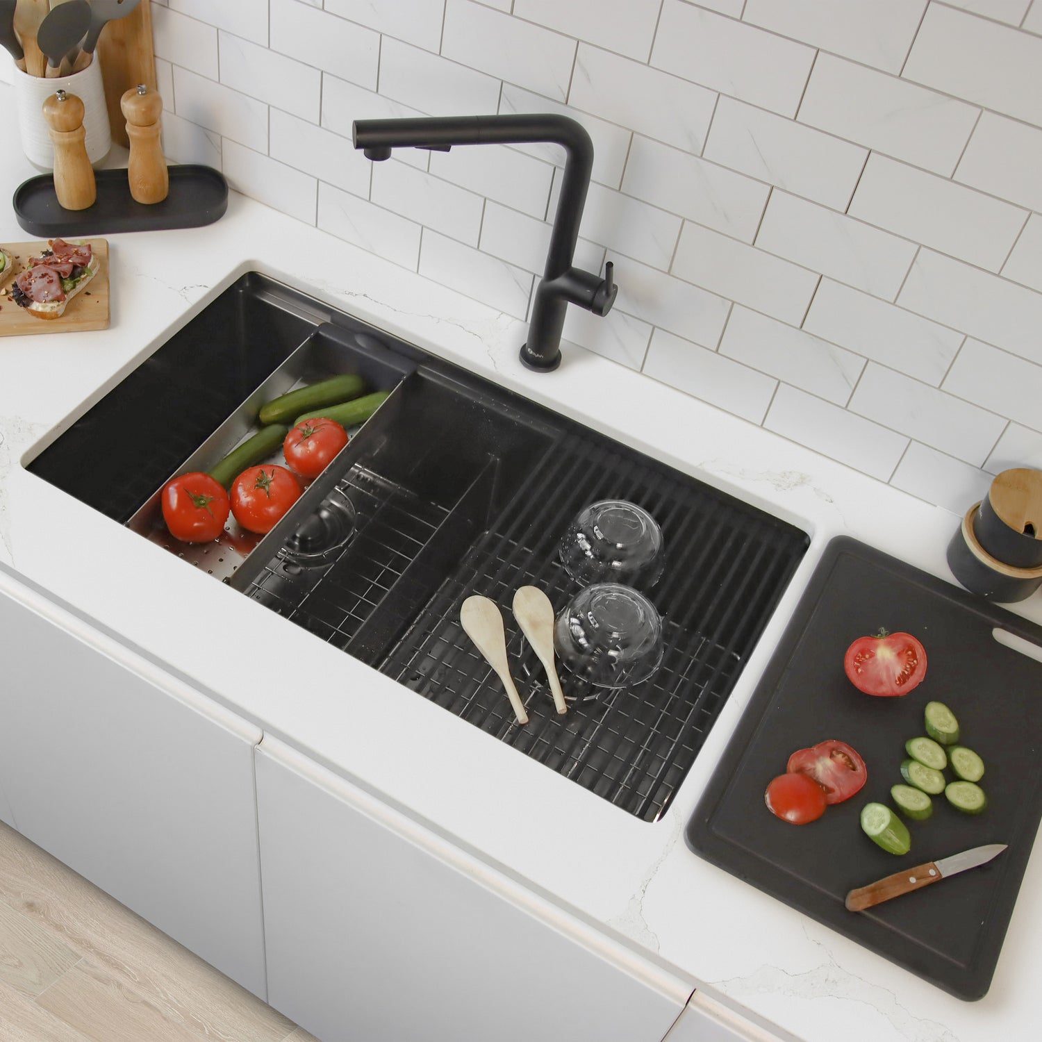 Undermount 32 inch Double Bowl Workstation Sink with Accesories