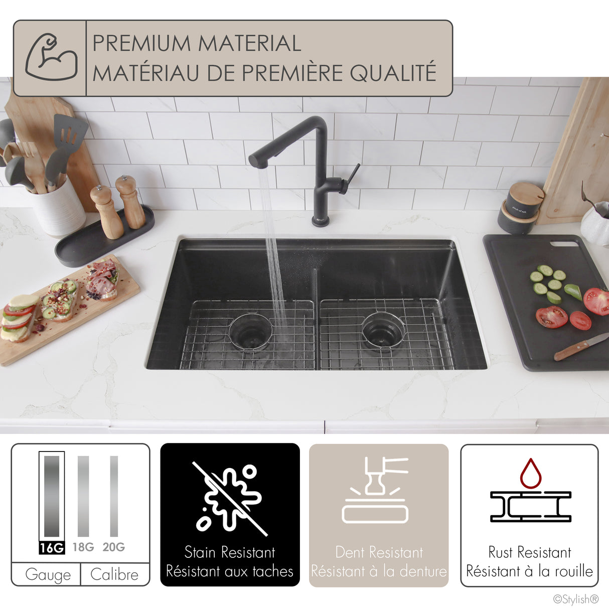 Undermount 32 inch Double Bowl Workstation Sink with Accesories