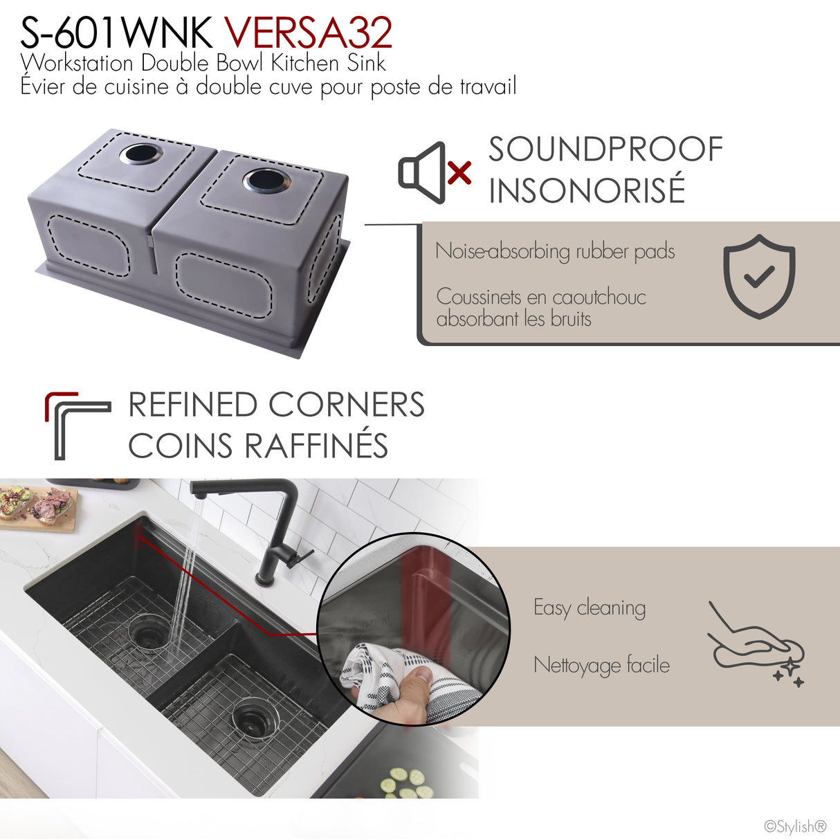 Undermount 32 inch Double Bowl Workstation Sink with Accesories