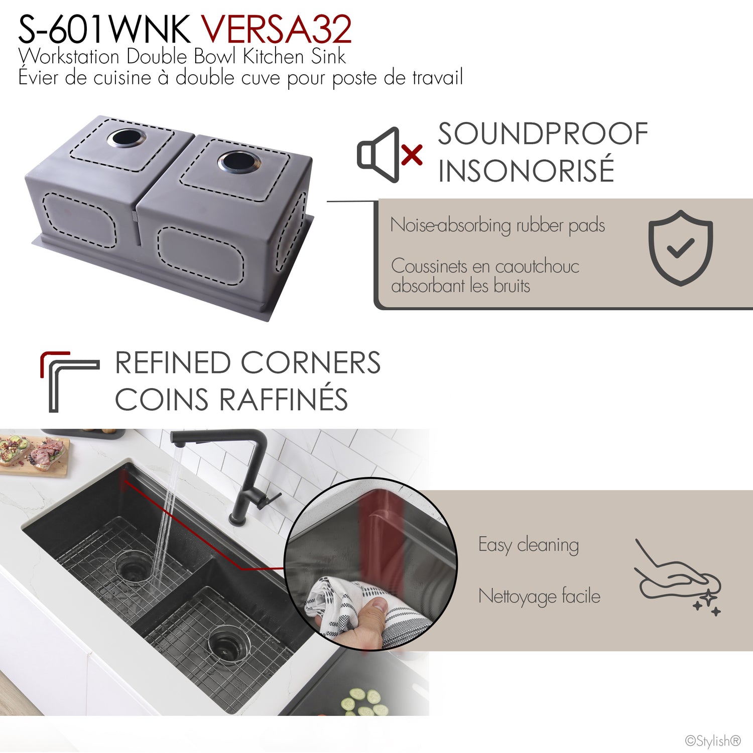 Undermount 32 inch Double Bowl Workstation Sink with Accesories