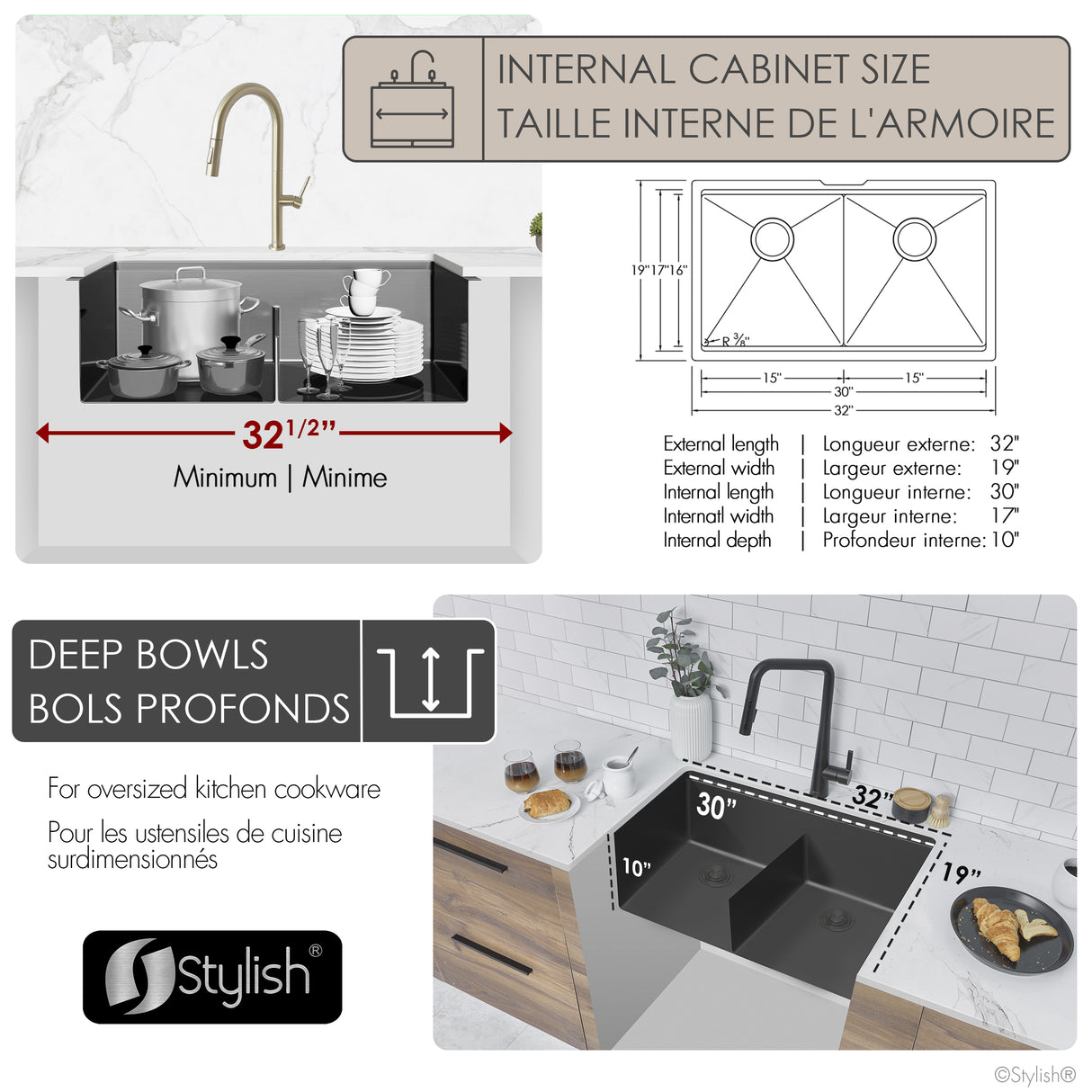 Undermount 32 inch Double Bowl Workstation Sink with Accesories