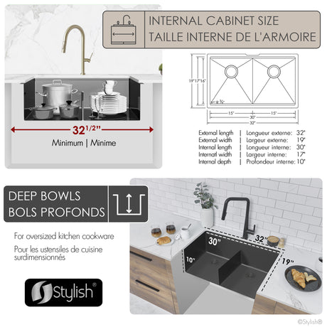 Undermount 32 inch Double Bowl Workstation Sink with Accesories