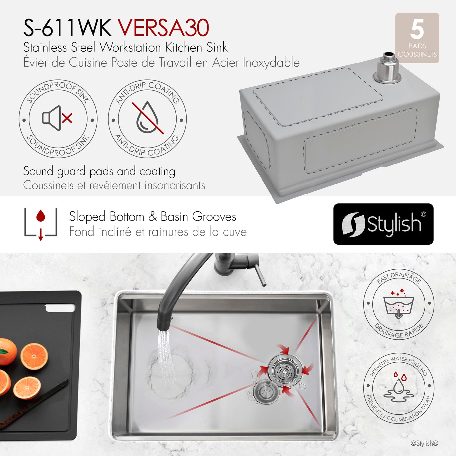 Undermount 30 inches Single Bowl Workstation Kitchen Sink with Accessories
