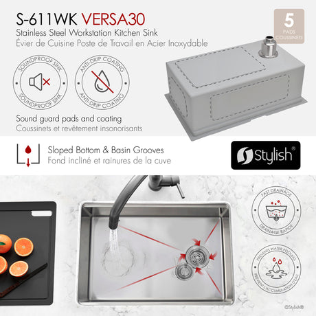 Undermount 30 inches Single Bowl Workstation Kitchen Sink with Accessories