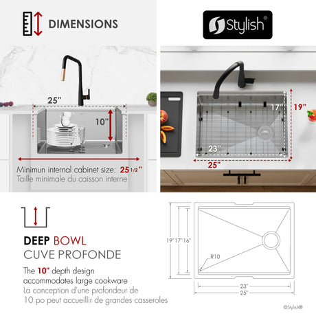 Undermount 25 inch Single Bowl Workstation Kitchen Sink with Accessories