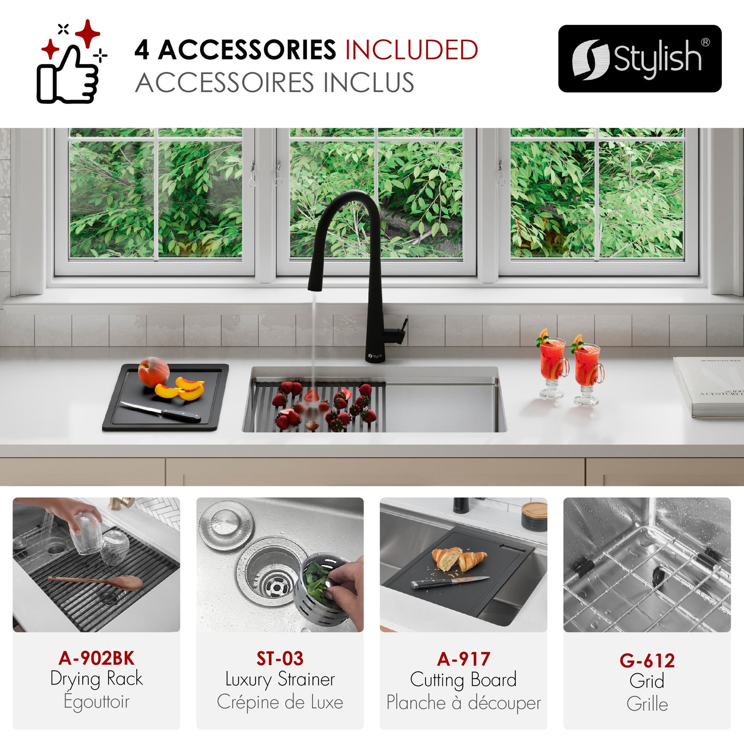 Undermount 25 inch Single Bowl Workstation Kitchen Sink with Accessories